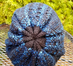 Woven Knit Hat, black & blue Wool Blend Beanie 