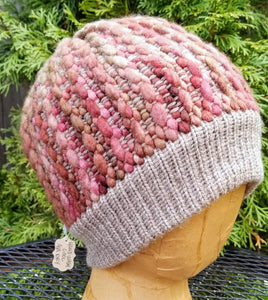 Woven Knit Hat, Moss and Berry Wool Blend Beanie 