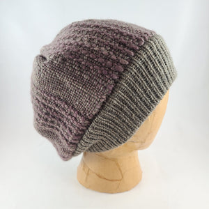 Woven Knit Hat, Taupe Grey and Dusty Plum Wool Beanie