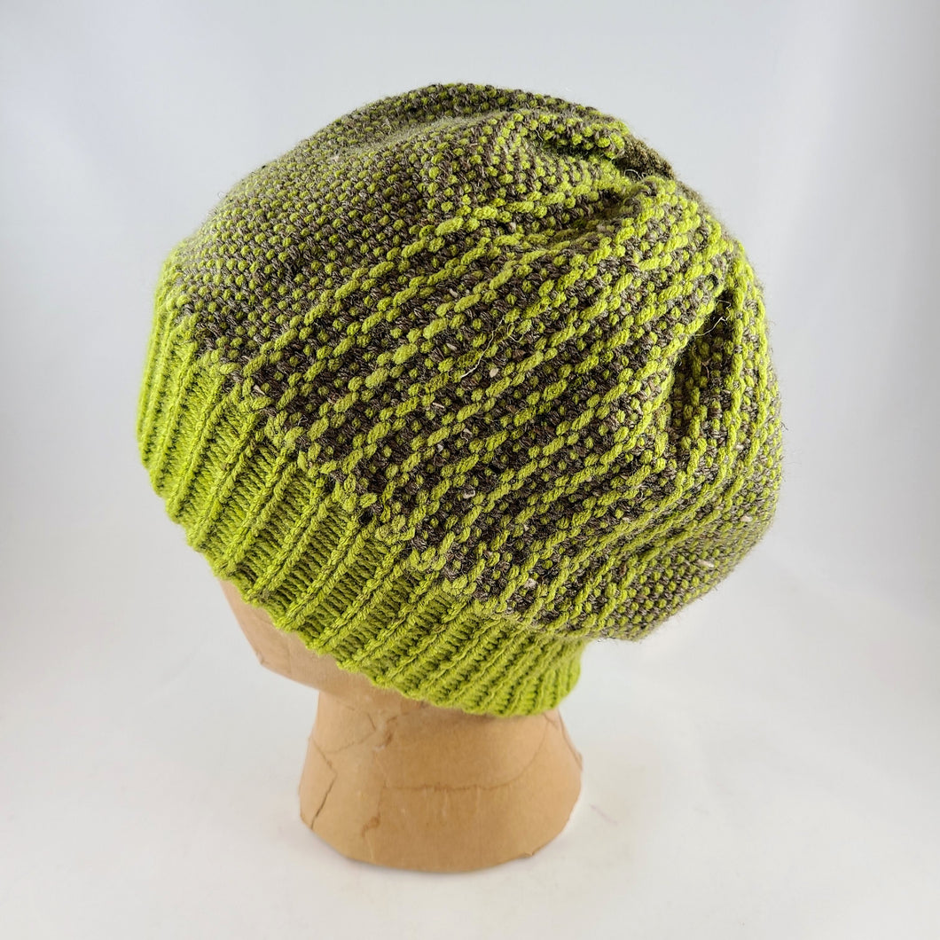 Woven Knit Hat, Chocolate and Lime Wool Blend Beanie