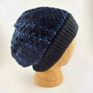 Woven knit hat, black & blues wool beanie
