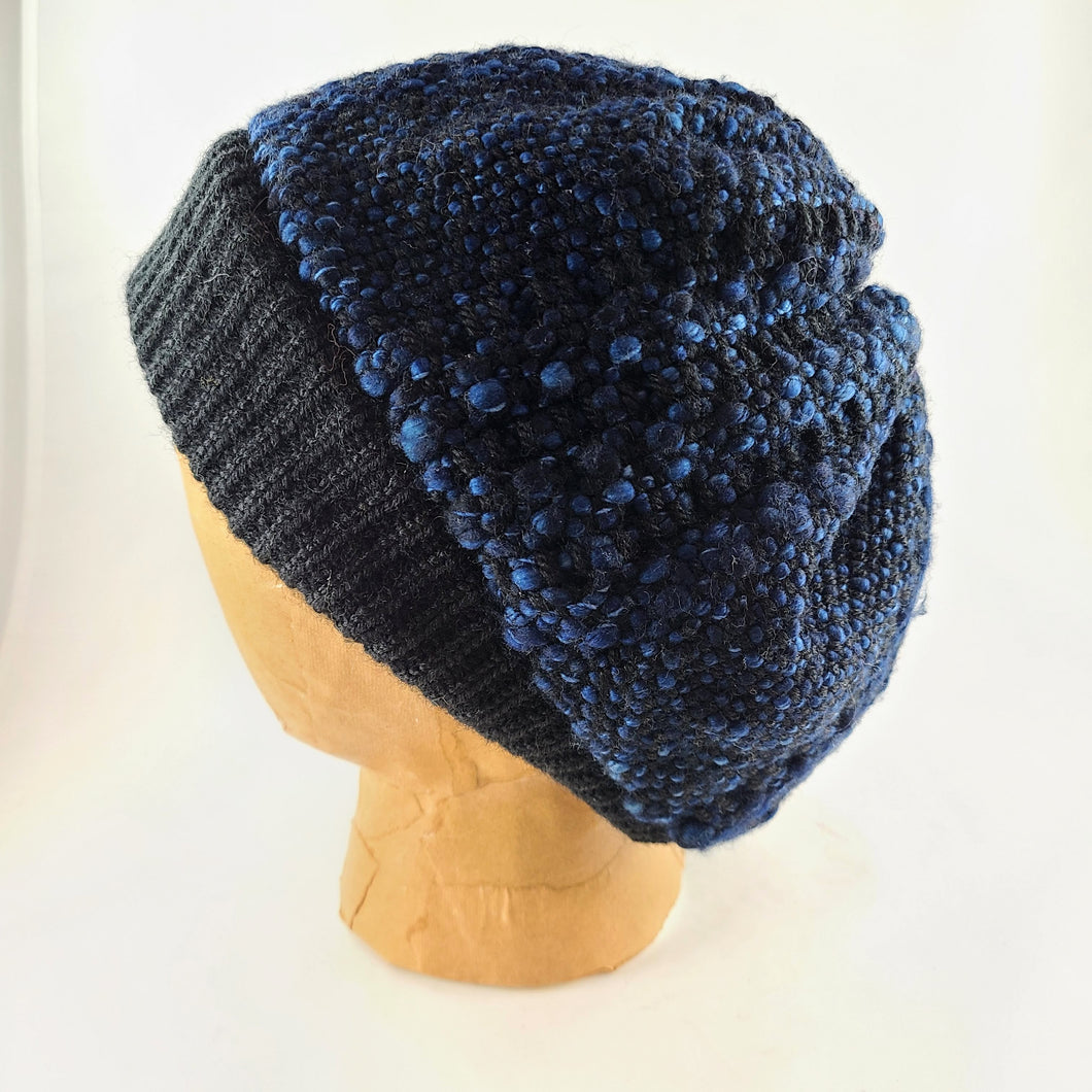 Woven knit hat, black & blues wool beanie