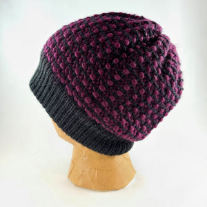 Woven Knit Hat, Black Raspberry Wool Blend Beanie