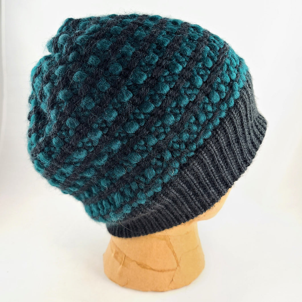Woven Knit Hat, Black & Deep Teal Wool Blend Beanie