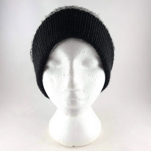 Woven knit hat, black & grey boucle wool blend beanie