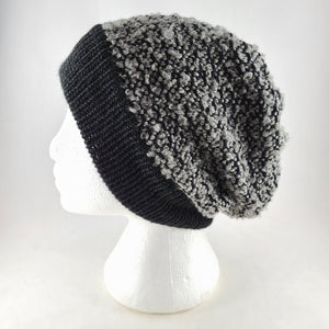 Woven knit hat, black & grey boucle wool blend beanie