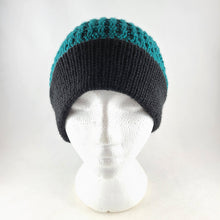 Load image into Gallery viewer, Woven knit hat, black &amp; teal wool blend beanie