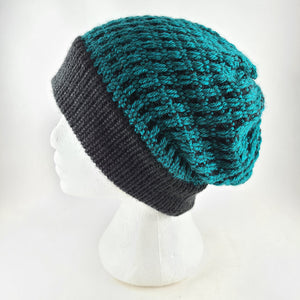 Woven knit hat, black & teal wool blend beanie