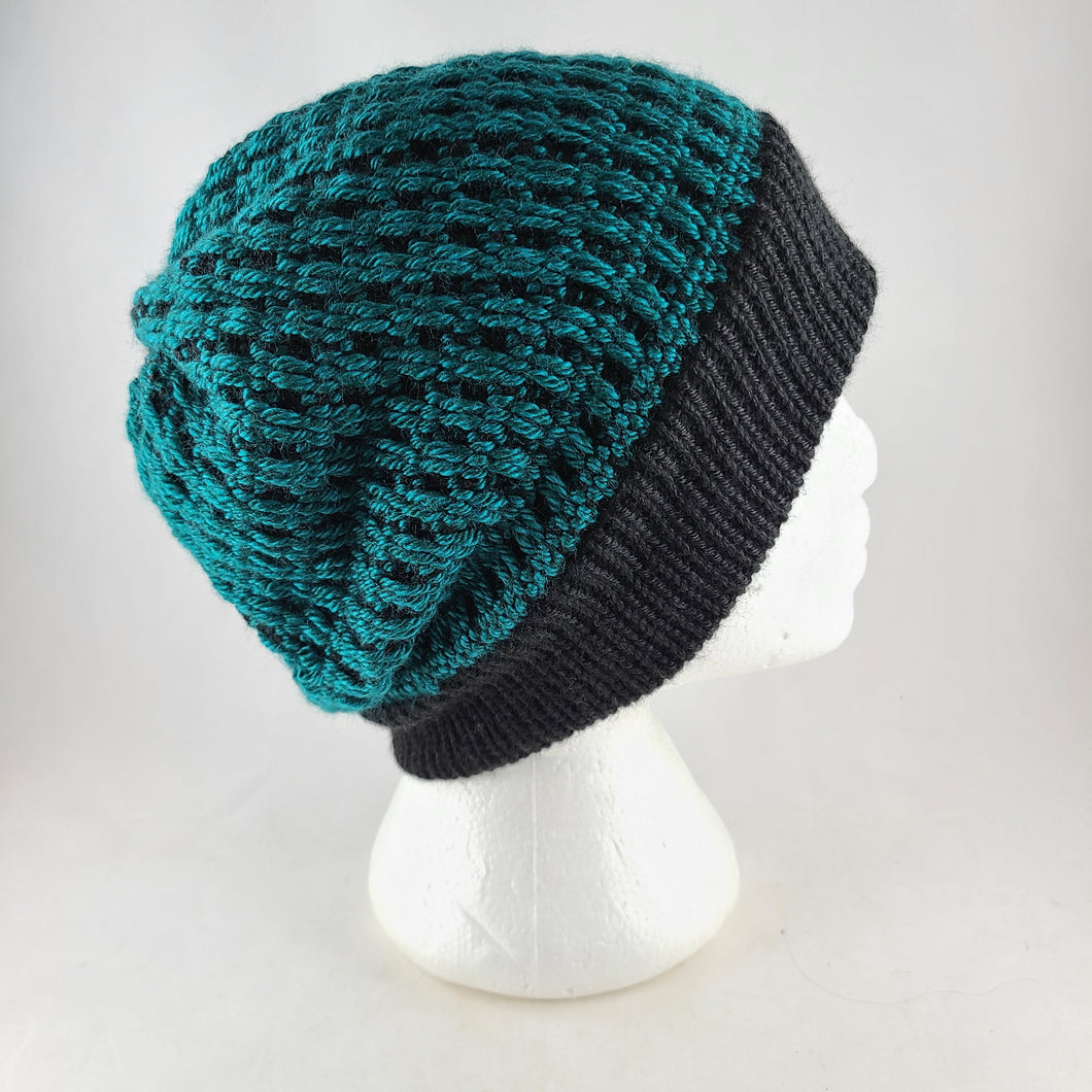 Woven knit hat, black & teal wool blend beanie